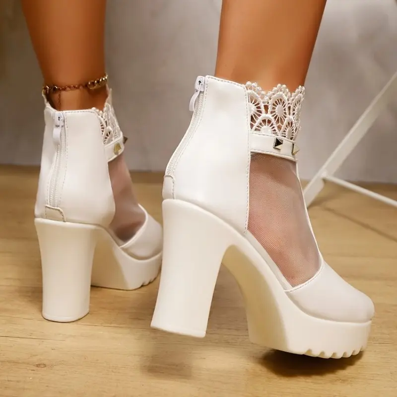 Lace Sandals Mesh Rhinestone Belt Buckle Women's New Summer Non-slip Versatile Block Heel Fish Mouth High Heels