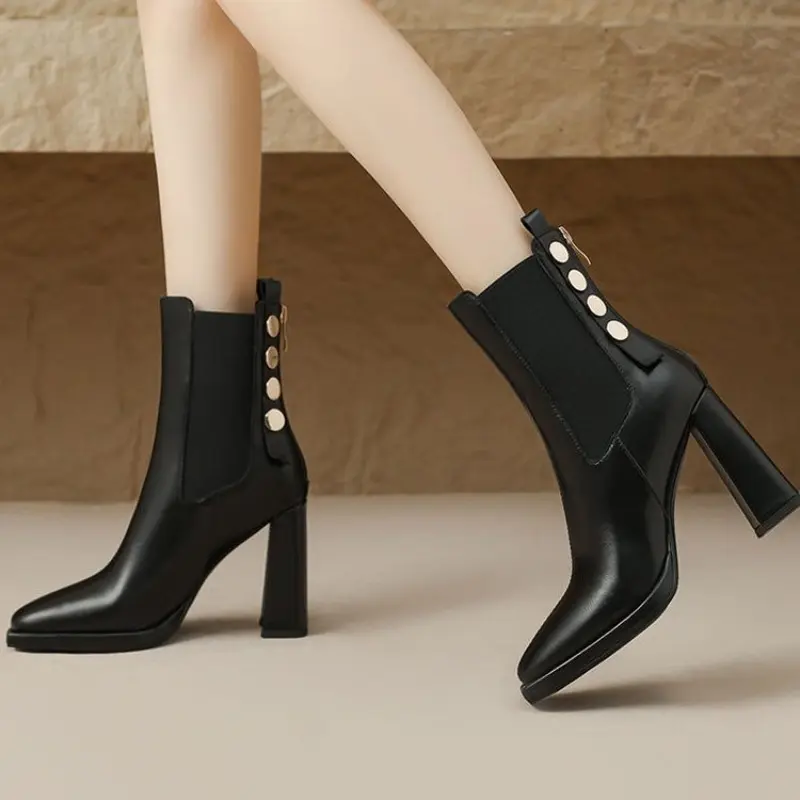 Winter New Thick Heel Cotton Boots Women's Fashion Square Head Back Zipper Rivet Anti-slip Wear-resistant Short Boots