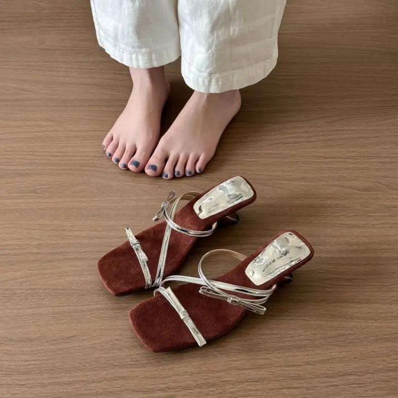 Women's Fashion Slope Slippers Summer New Square Head Open Toe Thin with Butterfly Knot Anti-slip Wear Heel Shoes