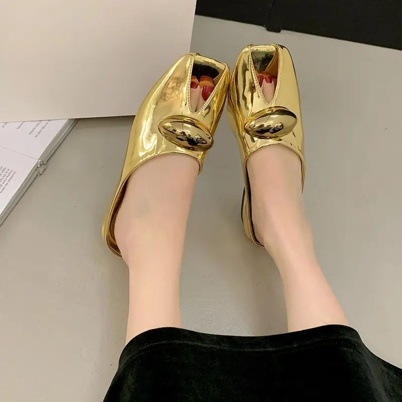 French Leopard Print Metal Buckle Square Toe Shallow Mouth Baotou Half Slippers Women's Spring and Summer New Slip-on Flats
