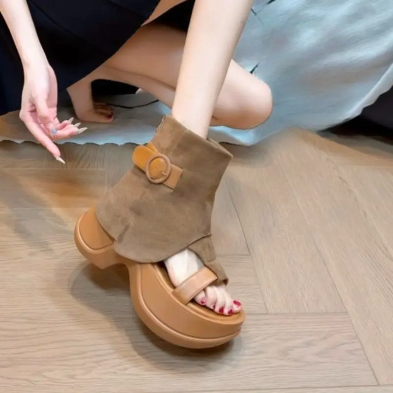 Summer High Heel Anti-slip Cooling Boots Women's New All-match Round Toe Small Platform Thick Tube Roman Sandals