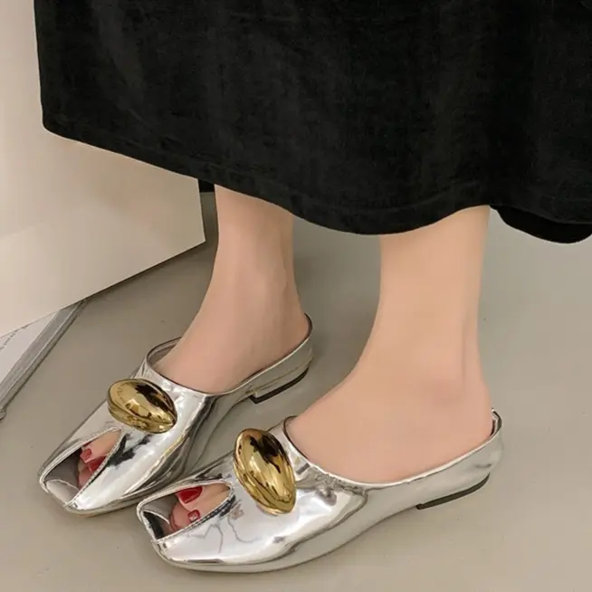 French Leopard Print Metal Buckle Square Toe Shallow Mouth Baotou Half Slippers Women's Spring and Summer New Slip-on Flats