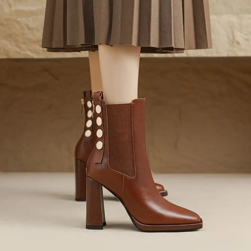 Winter New Thick Heel Cotton Boots Women's Fashion Square Head Back Zipper Rivet Anti-slip Wear-resistant Short Boots