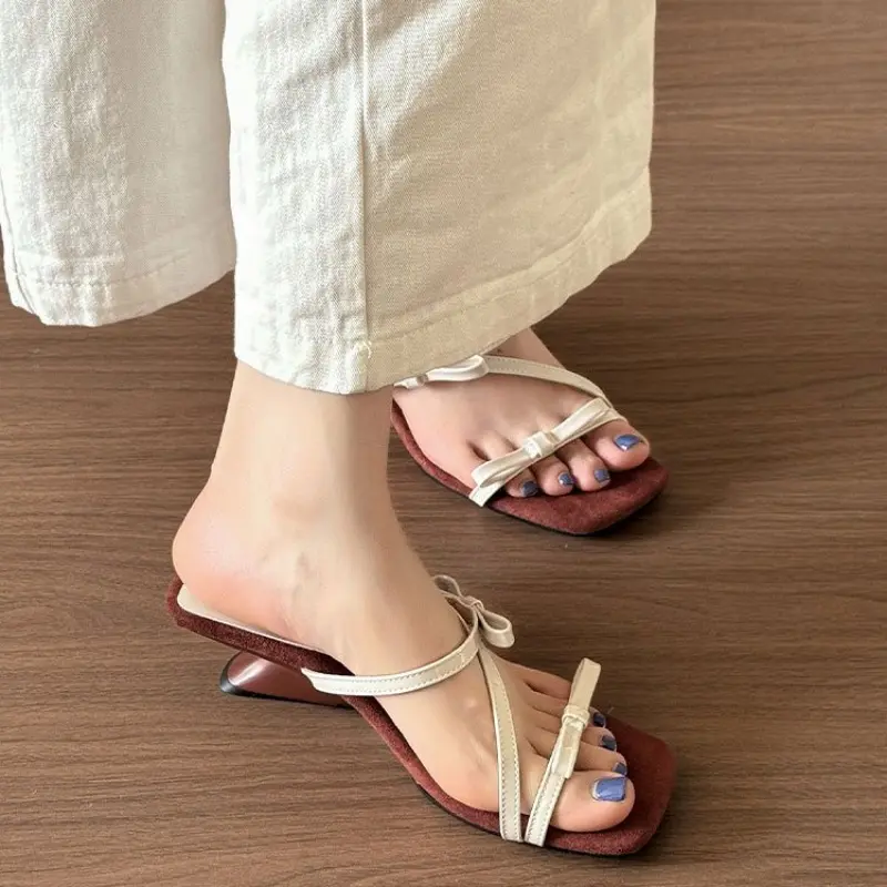 Women's Fashion Slope Slippers Summer New Square Head Open Toe Thin with Butterfly Knot Anti-slip Wear Heel Shoes