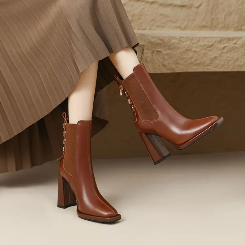 Winter New Thick Heel Cotton Boots Women's Fashion Square Head Back Zipper Rivet Anti-slip Wear-resistant Short Boots