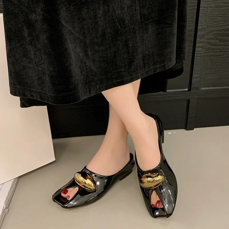 French Leopard Print Metal Buckle Square Toe Shallow Mouth Baotou Half Slippers Women's Spring and Summer New Slip-on Flats