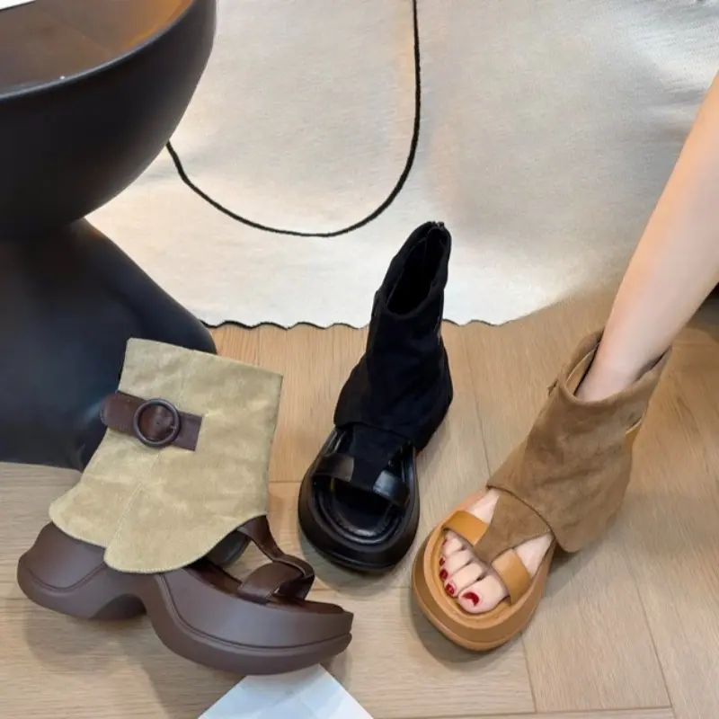 Summer High Heel Anti-slip Cooling Boots Women's New All-match Round Toe Small Platform Thick Tube Roman Sandals