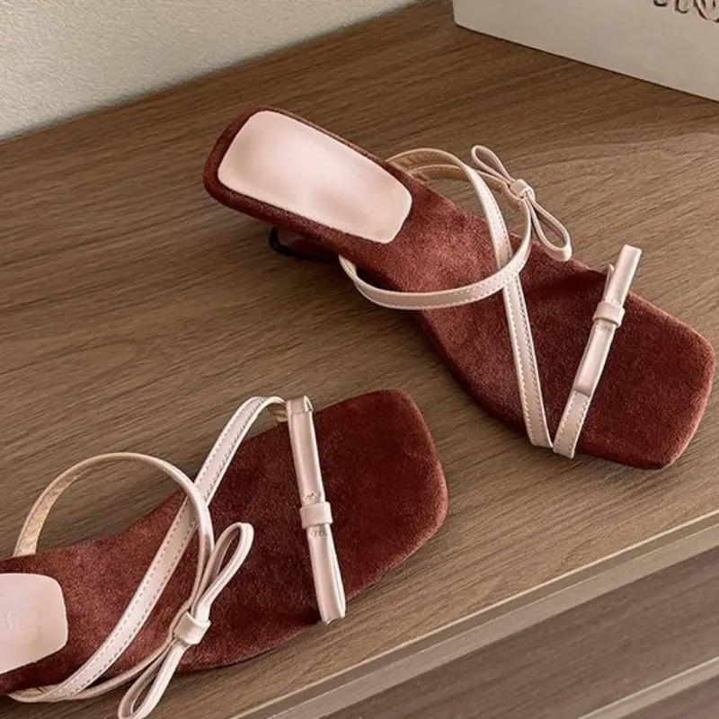 Women's Fashion Slope Slippers Summer New Square Head Open Toe Thin with Butterfly Knot Anti-slip Wear Heel Shoes