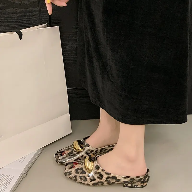 French Leopard Print Metal Buckle Square Toe Shallow Mouth Baotou Half Slippers Women's Spring and Summer New Slip-on Flats
