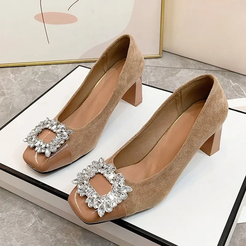 Single Shoes New Women's Four Seasons Square Toe Light Suede Rhinestone Color-block Block Heel All-match High Heels