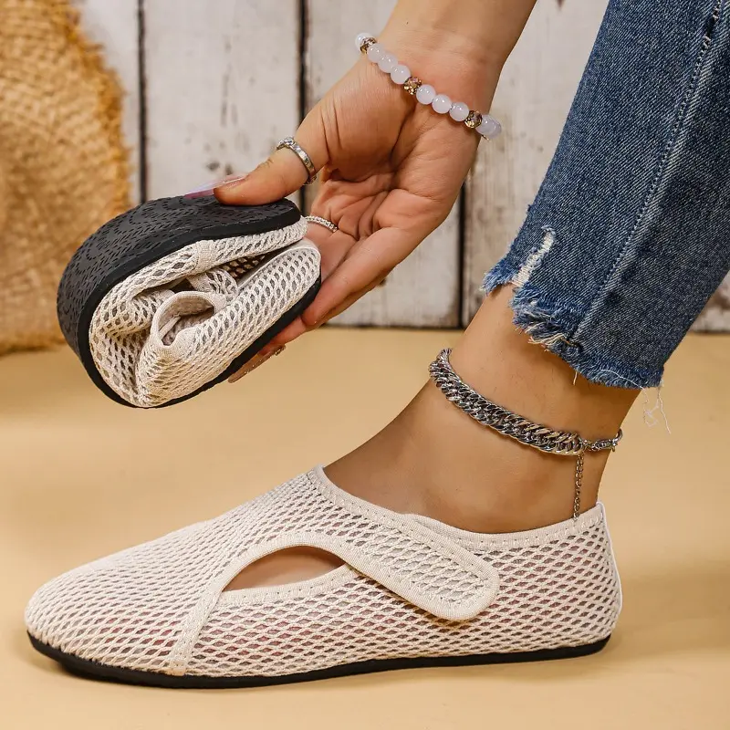 Fishing Net Hollow Round Toe Flat Single Shoes Women's 2025 Summer New Shallow Mesh Hollow Breathable Sandals