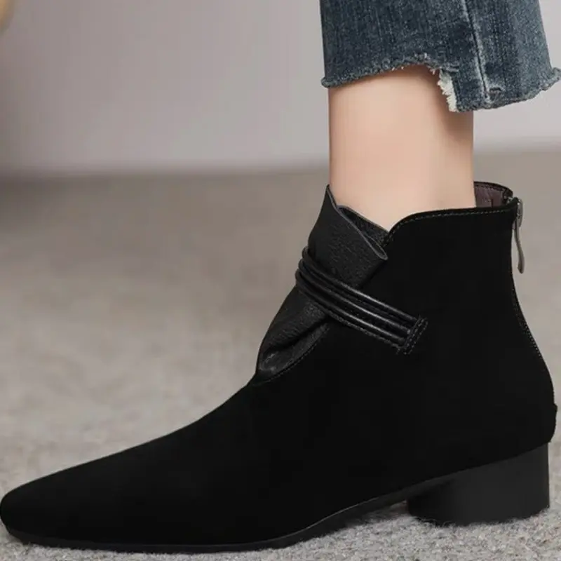 Women's New Winter Thick Heel Cotton Boots Pointed Suede Splicing Back Zipper Soft Sole Non-slip Short Boots