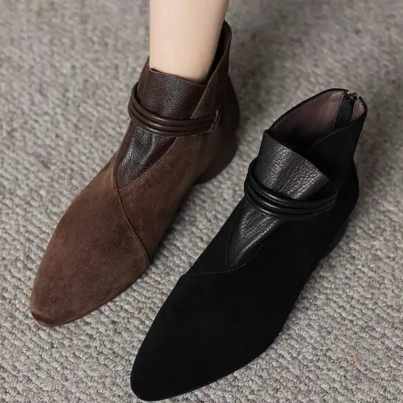 Women's New Winter Thick Heel Cotton Boots Pointed Suede Splicing Back Zipper Soft Sole Non-slip Short Boots