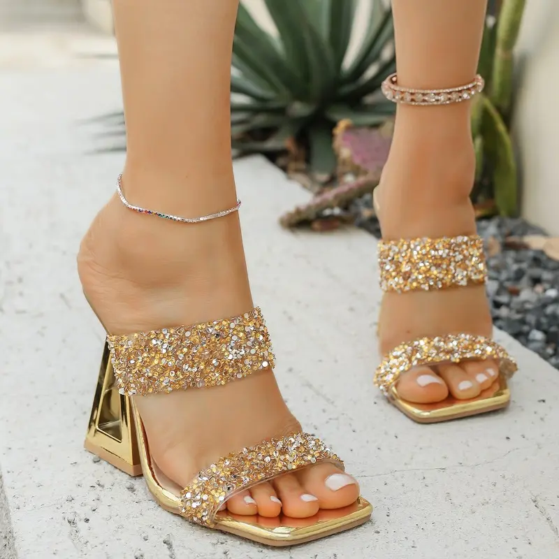 Plus Size Special Heel Sandals and Slippers Women's Square Toe Open Toe Rhinestone Clear One Strap Non-Slip Sandals