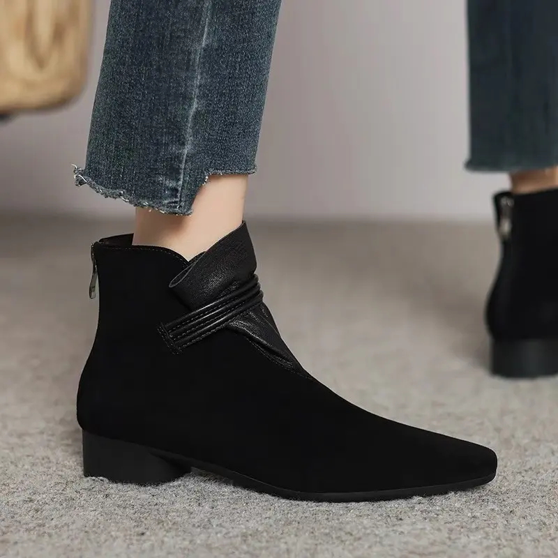 Women's New Winter Thick Heel Cotton Boots Pointed Suede Splicing Back Zipper Soft Sole Non-slip Short Boots