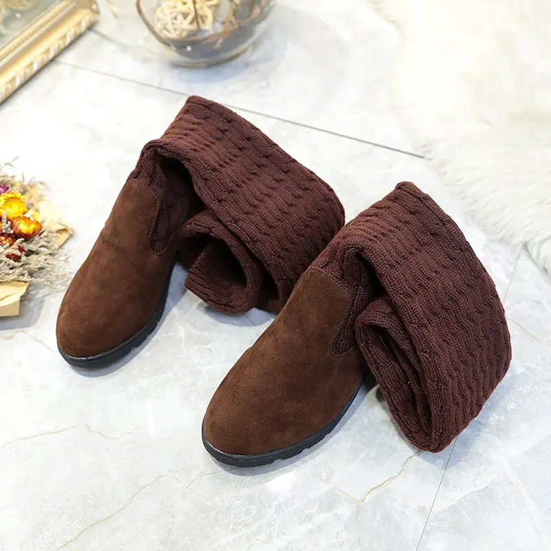 Autumn New Slope Heel Single Boots Women's Fashion Round Head Suede Knitted Fabric Breathable Thigh-high Boots