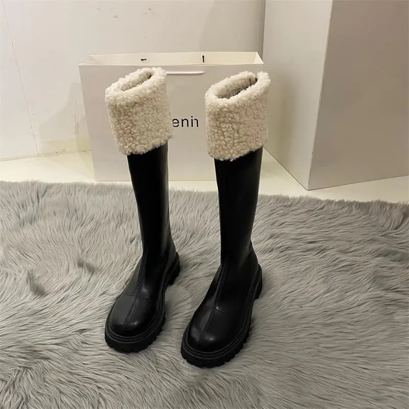 Women's Fashion Thick Heel High Boots Winter New Round Head Sleeve with Velvet Thick Soft Sole Non-slip Fashion Boots