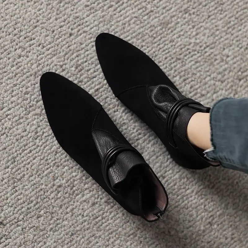 Women's New Winter Thick Heel Cotton Boots Pointed Suede Splicing Back Zipper Soft Sole Non-slip Short Boots