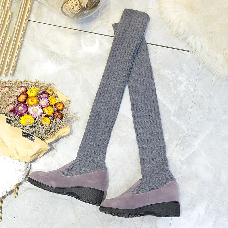 Autumn New Slope Heel Single Boots Women's Fashion Round Head Suede Knitted Fabric Breathable Thigh-high Boots