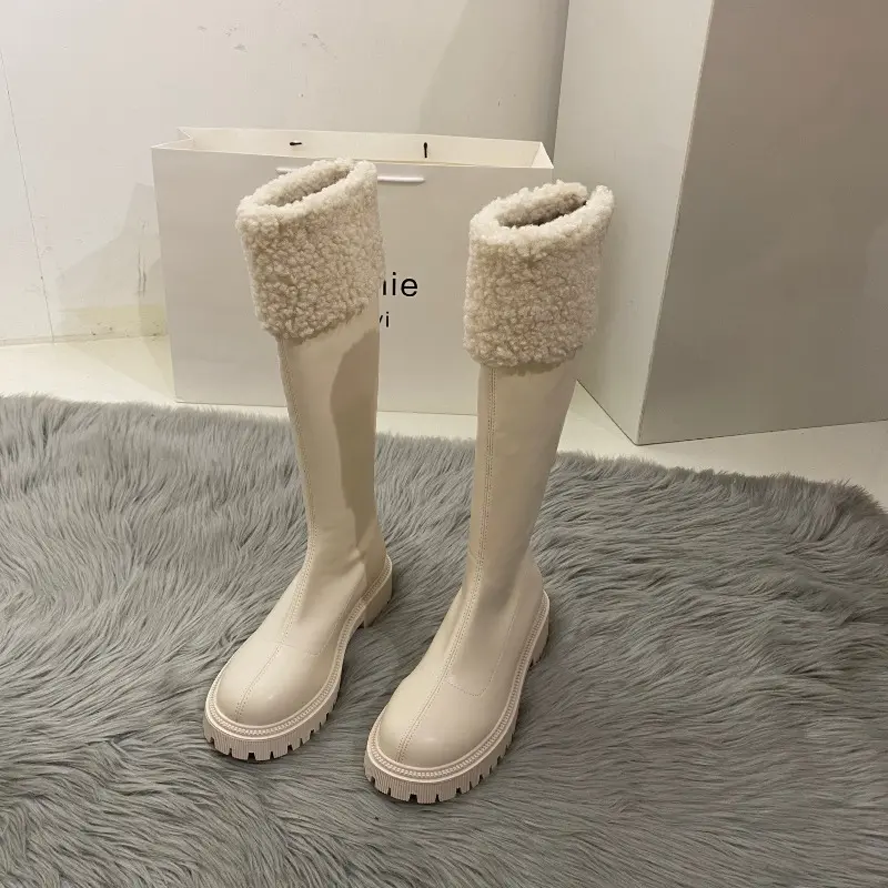 Women's Fashion Thick Heel High Boots Winter New Round Head Sleeve with Velvet Thick Soft Sole Non-slip Fashion Boots
