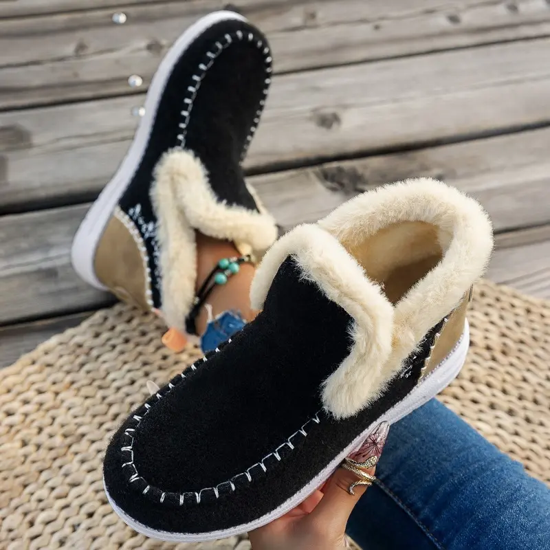 Winter New Round Head Suede Sewing Soft Sole Anti-slip Wear-resistant Short Boots Women's Flat Cotton Boots