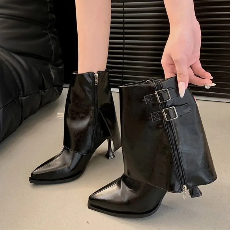 Autumn New Pointed Toe Sleeve Anti-Slip Wear-Resistant Mid-Tube Boots Fashion Belt Buckle Side Zipper Stiletto