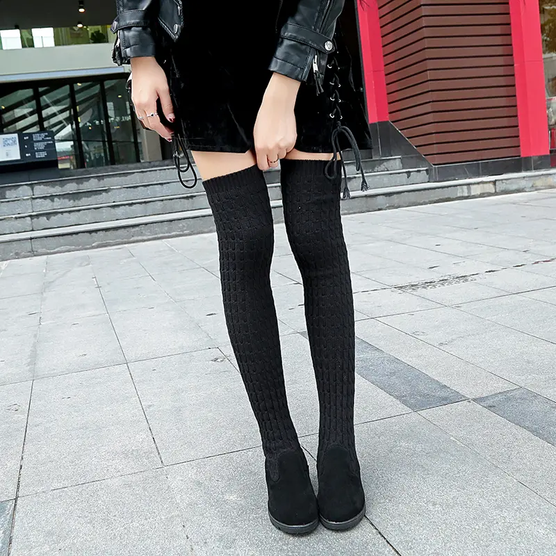 Autumn New Slope Heel Single Boots Women's Fashion Round Head Suede Knitted Fabric Breathable Thigh-high Boots