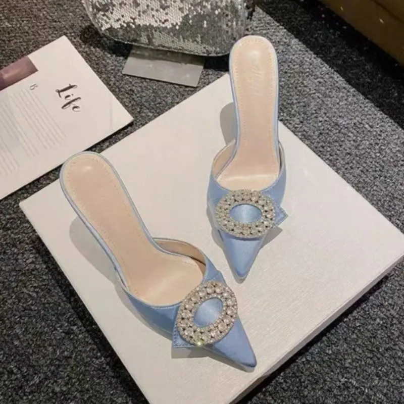 Women's Baotou Slippers Fall New Pointed Head Rhinestone Buckle Anti-slip Wear-resistant High Heels