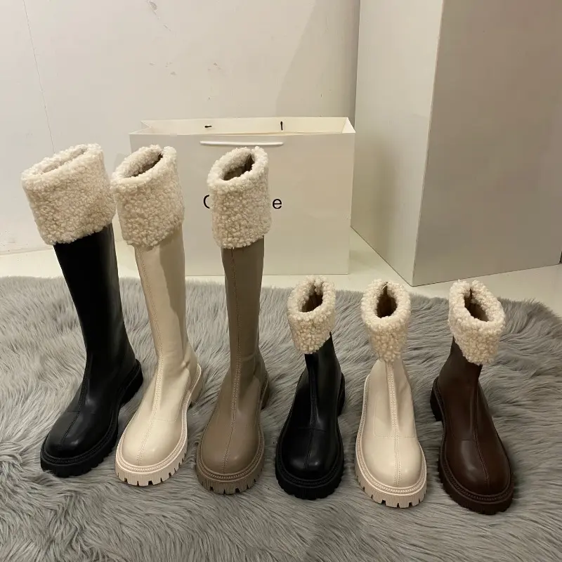 Women's Fashion Thick Heel High Boots Winter New Round Head Sleeve with Velvet Thick Soft Sole Non-slip Fashion Boots