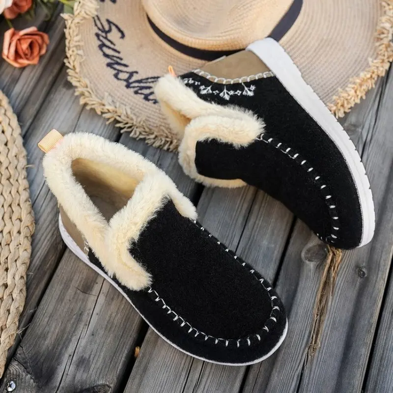 Winter New Round Head Suede Sewing Soft Sole Anti-slip Wear-resistant Short Boots Women's Flat Cotton Boots