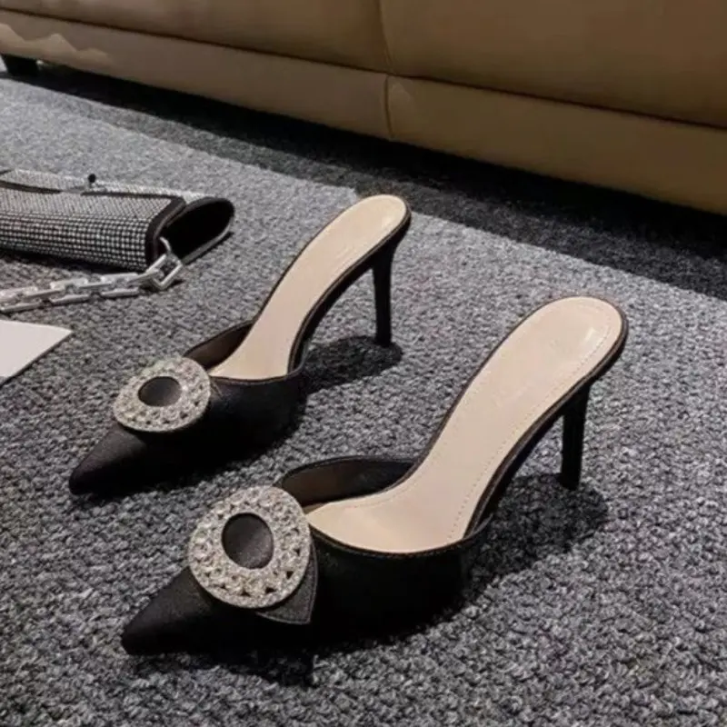 Women's Baotou Slippers Fall New Pointed Head Rhinestone Buckle Anti-slip Wear-resistant High Heels