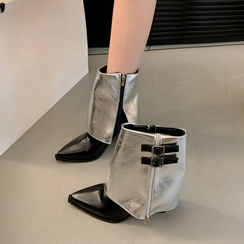 Autumn New Pointed Toe Sleeve Anti-Slip Wear-Resistant Mid-Tube Boots Fashion Belt Buckle Side Zipper Stiletto