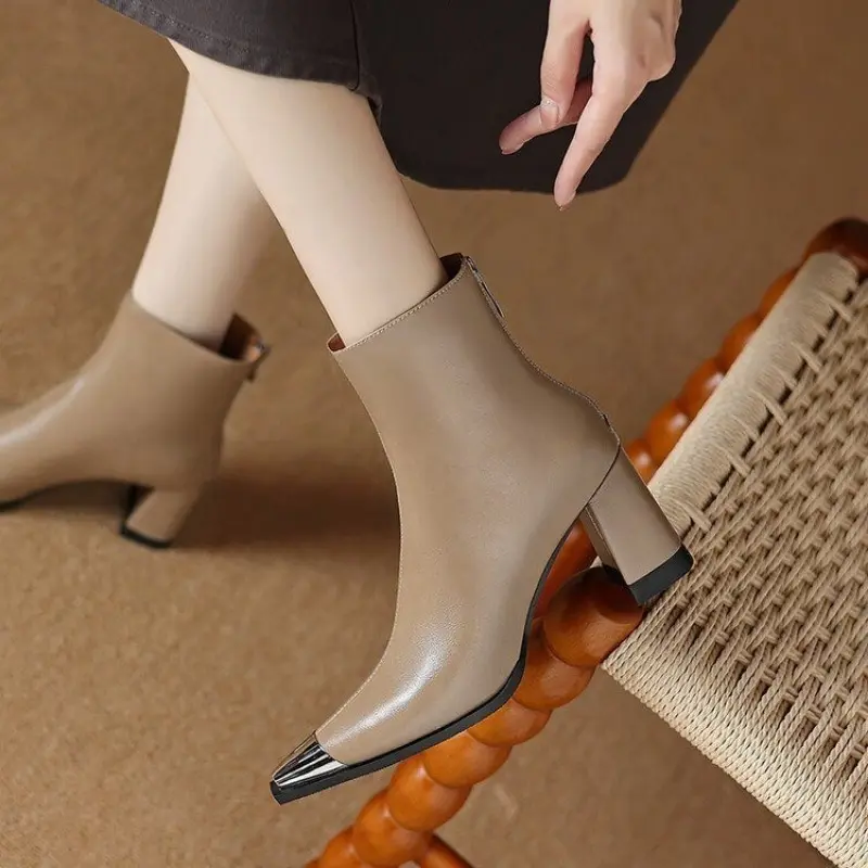 Women's Fashion Thick Heel Single Boots Winter New Metal Pointed Head Back Zipper Anti-slip Wear-resistant Short Boots