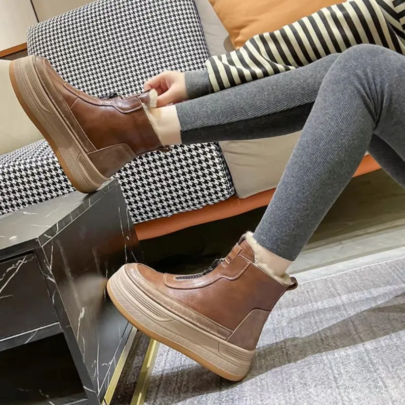 Women's Fashion Thick Sole Cotton Boots Winter New Round Head Front Zipper Anti-slip Wear-resistant Short Boots