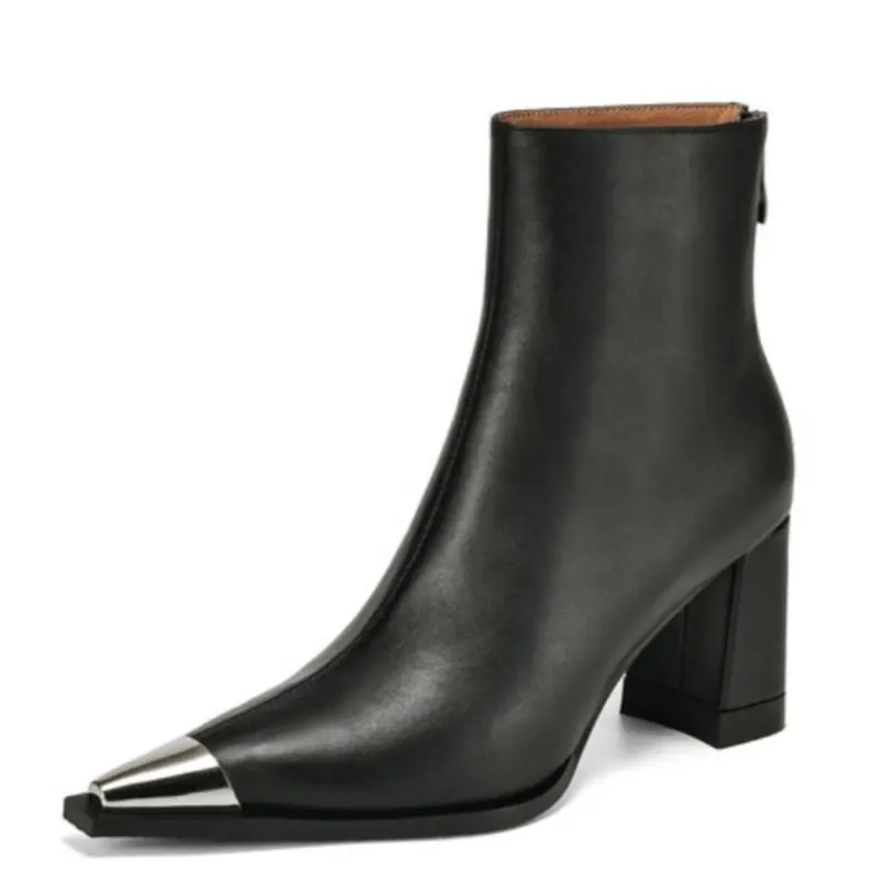 Women's Fashion Thick Heel Single Boots Winter New Metal Pointed Head Back Zipper Anti-slip Wear-resistant Short Boots