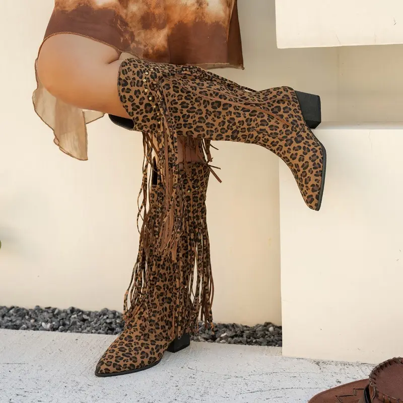 Tassel Boots Women's Fashion Pointed Toe Leopard Suede Studded Sleeve Soft Sole Non-Slip Block Heel Tall Boots