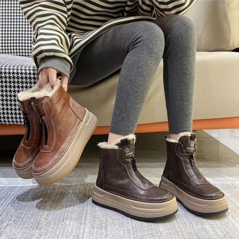 Women's Fashion Thick Sole Cotton Boots Winter New Round Head Front Zipper Anti-slip Wear-resistant Short Boots