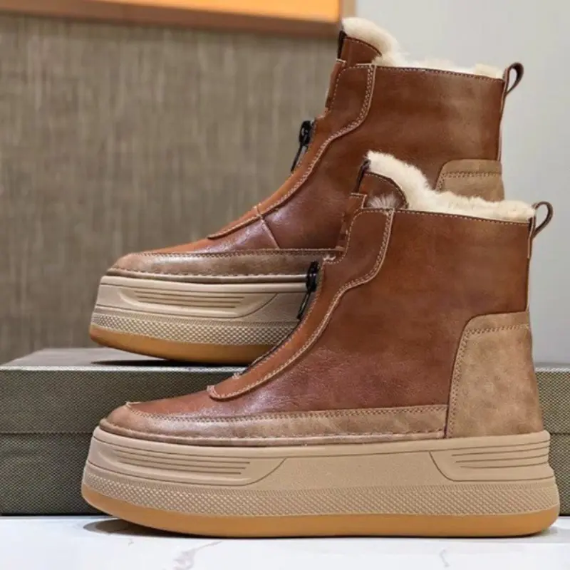 Women's Fashion Thick Sole Cotton Boots Winter New Round Head Front Zipper Anti-slip Wear-resistant Short Boots
