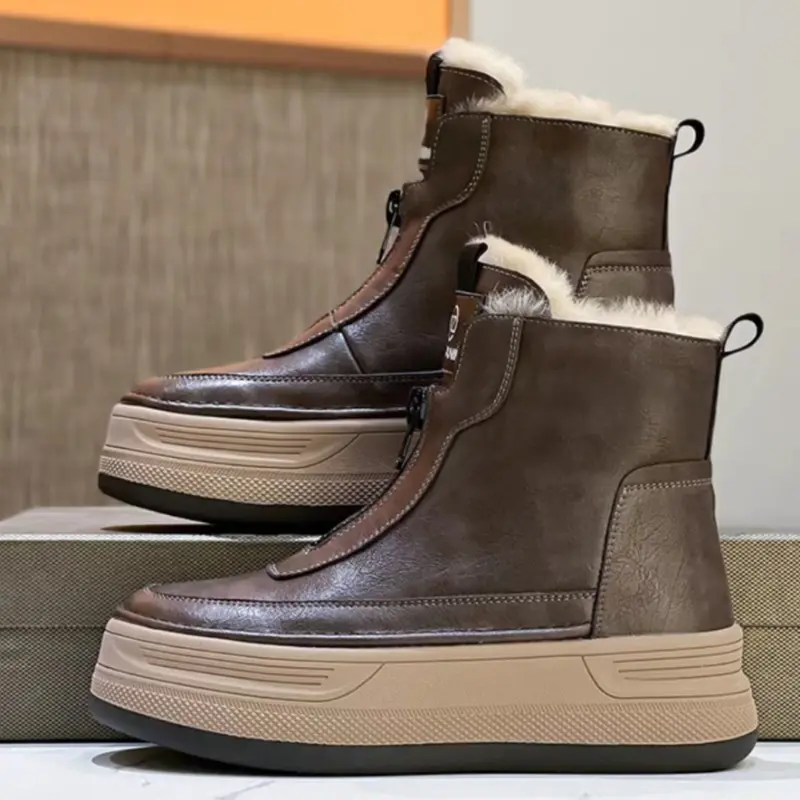 Women's Fashion Thick Sole Cotton Boots Winter New Round Head Front Zipper Anti-slip Wear-resistant Short Boots