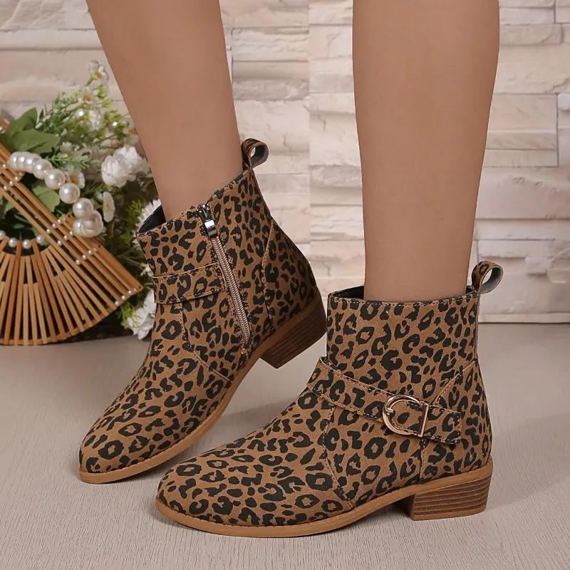 Women's Fashion Chunky Cotton Boots Winter New Round Head Suede Leopard Print Side Zipper Non-slip Short Boots