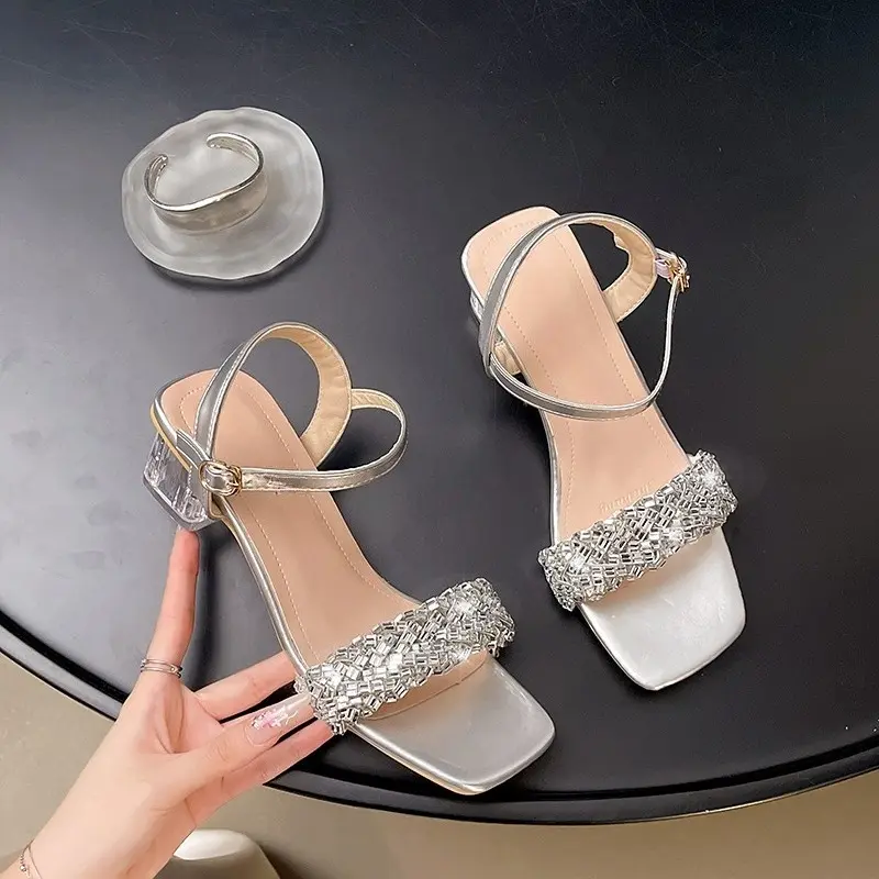 French sandals women's summer new square toe open-toe crystal one-line belt Western style light kitten heel shoes