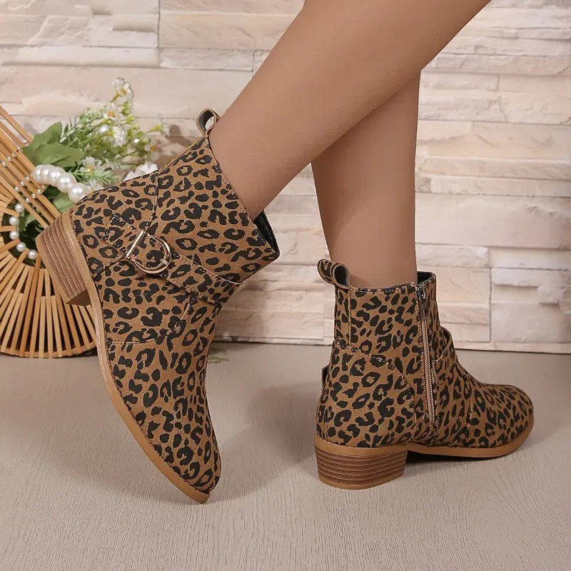 Women's Fashion Chunky Cotton Boots Winter New Round Head Suede Leopard Print Side Zipper Non-slip Short Boots