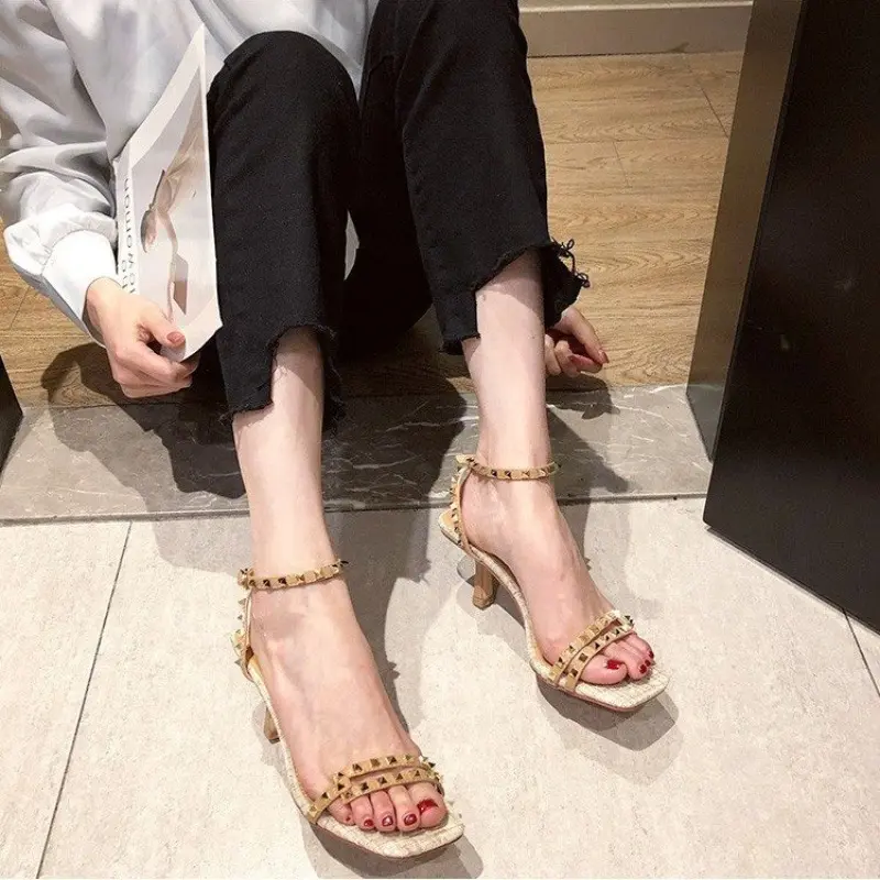 Summer New Rivet One Buckle Strap Sandals Women's Square Toe Stiletto Ultra Simple Slim Strap Versatile Roman Kitten Heels