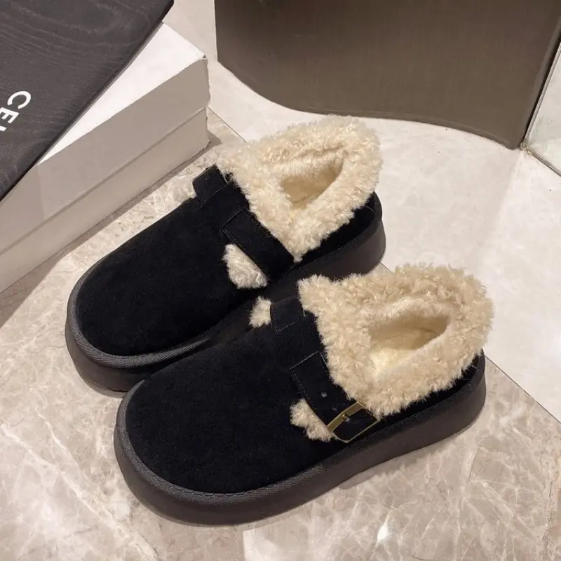 Winter New Thick Cotton Boots Women's Fashion Round Head Suede Buckle Warm Comfortable Flat Snow Boots