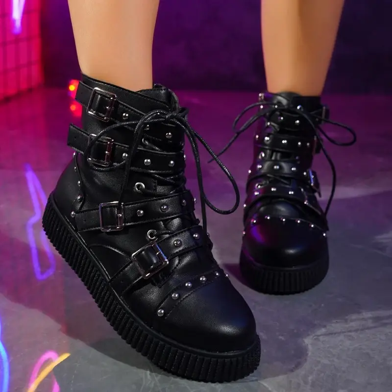 Spring New Flat Boots Women Fashion Round Head Rivet Front Lacing Side Zipper Anti-slip Wear-resistant Short Boots