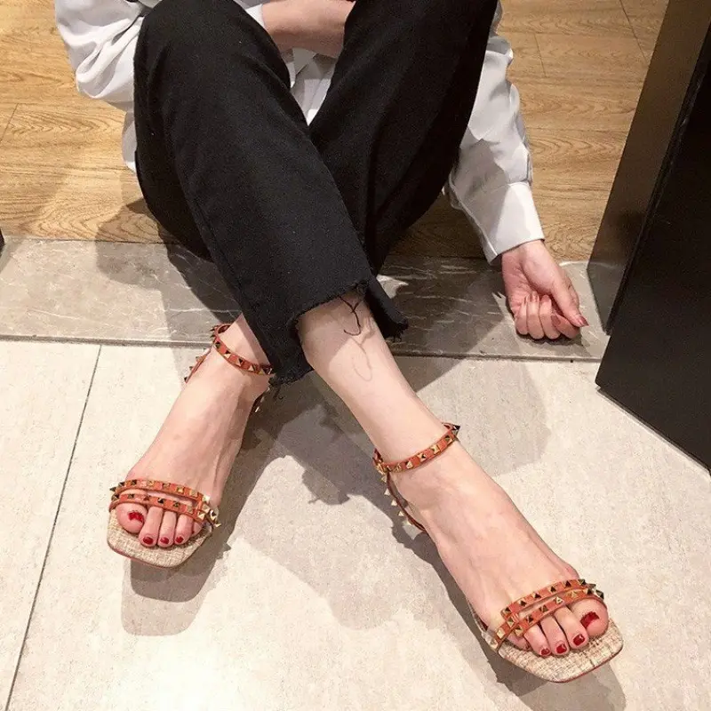 Summer New Rivet One Buckle Strap Sandals Women's Square Toe Stiletto Ultra Simple Slim Strap Versatile Roman Kitten Heels