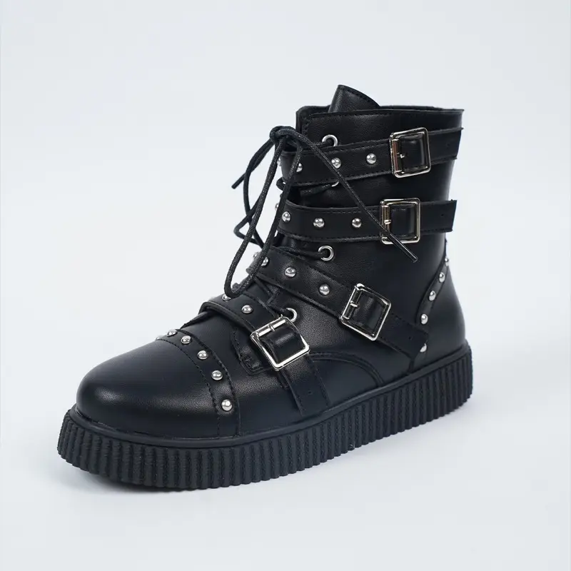 Spring New Flat Boots Women Fashion Round Head Rivet Front Lacing Side Zipper Anti-slip Wear-resistant Short Boots