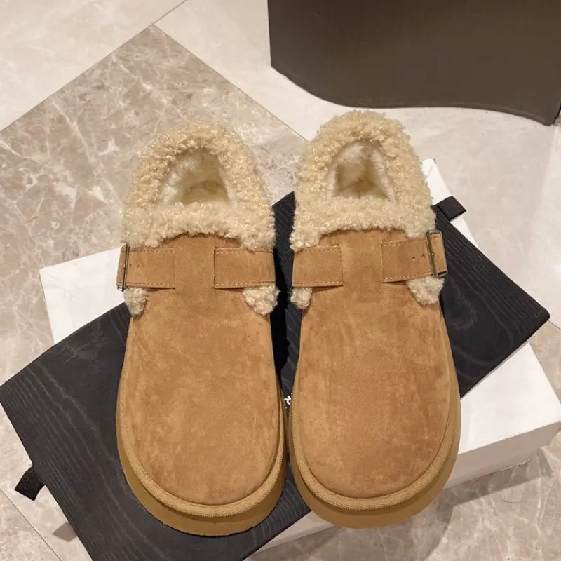 Winter New Thick Cotton Boots Women's Fashion Round Head Suede Buckle Warm Comfortable Flat Snow Boots