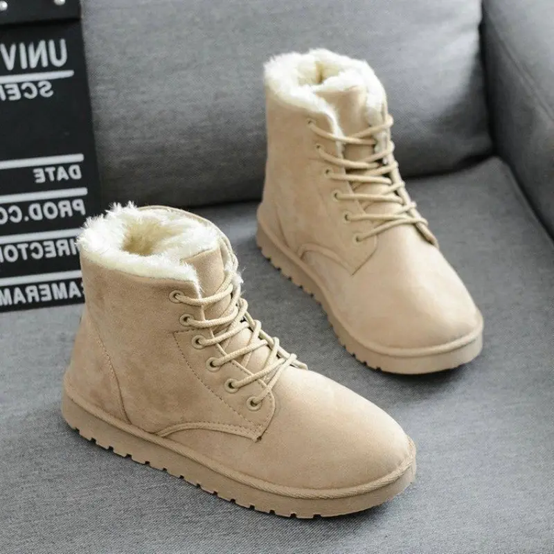 Winter New Flat Snow Boots Women's Round Head Suede Front Strap Thick Sole Anti-slip Wear-resistant Short Boots