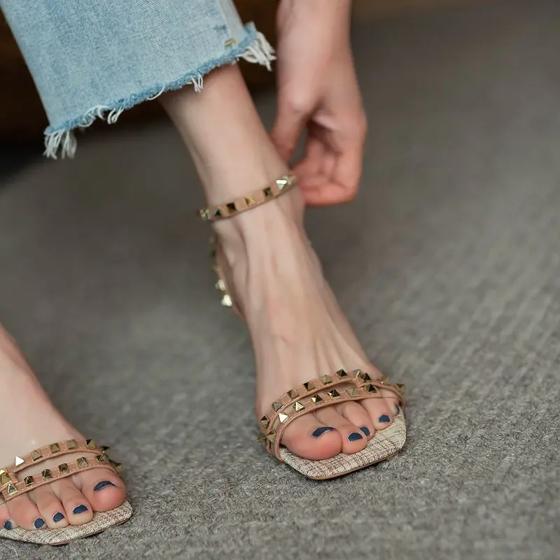 Summer New Rivet One Buckle Strap Sandals Women's Square Toe Stiletto Ultra Simple Slim Strap Versatile Roman Kitten Heels